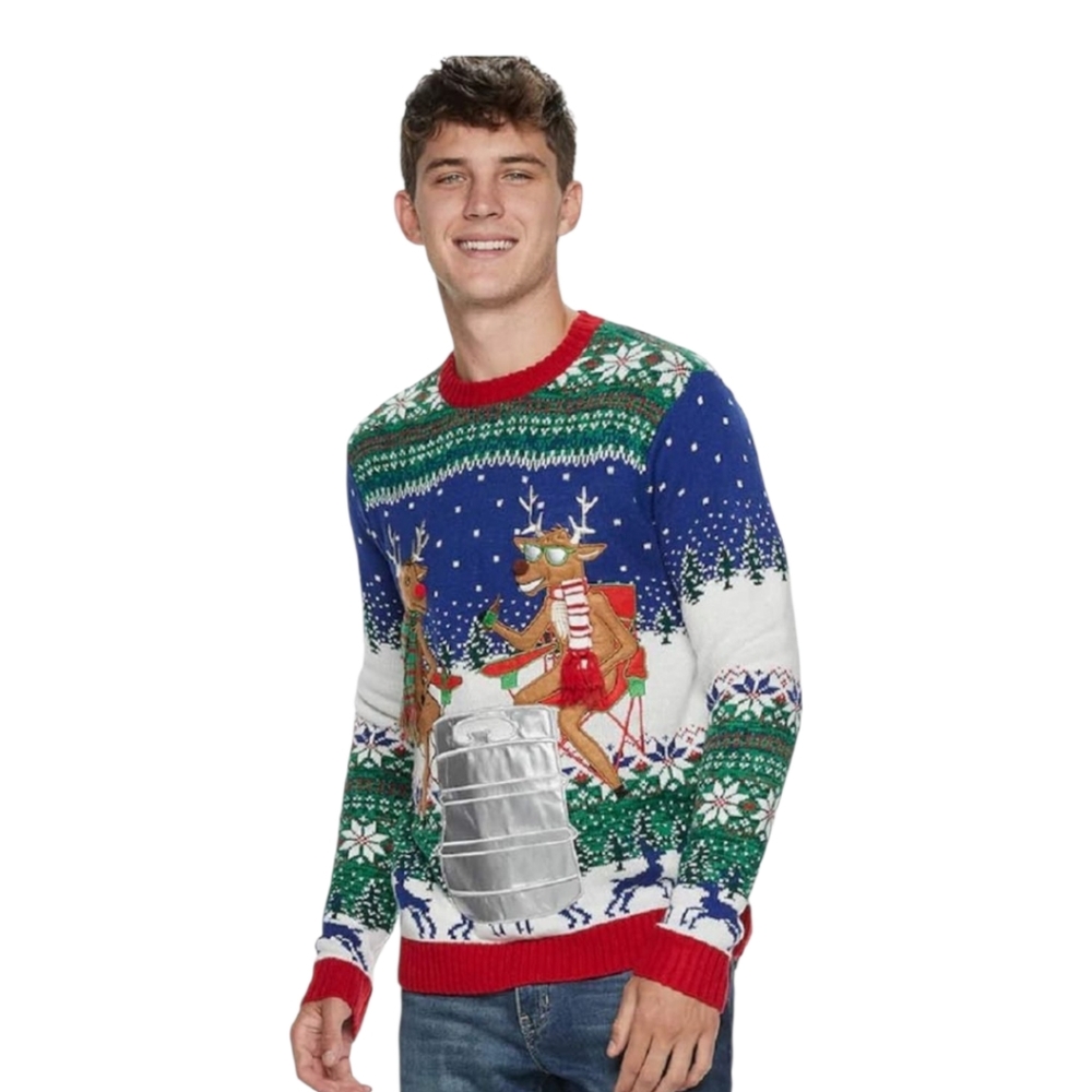 33 Degrees Ugly Christmas Sweater Medium Pocket Tailgate Drinking Reindeers Men